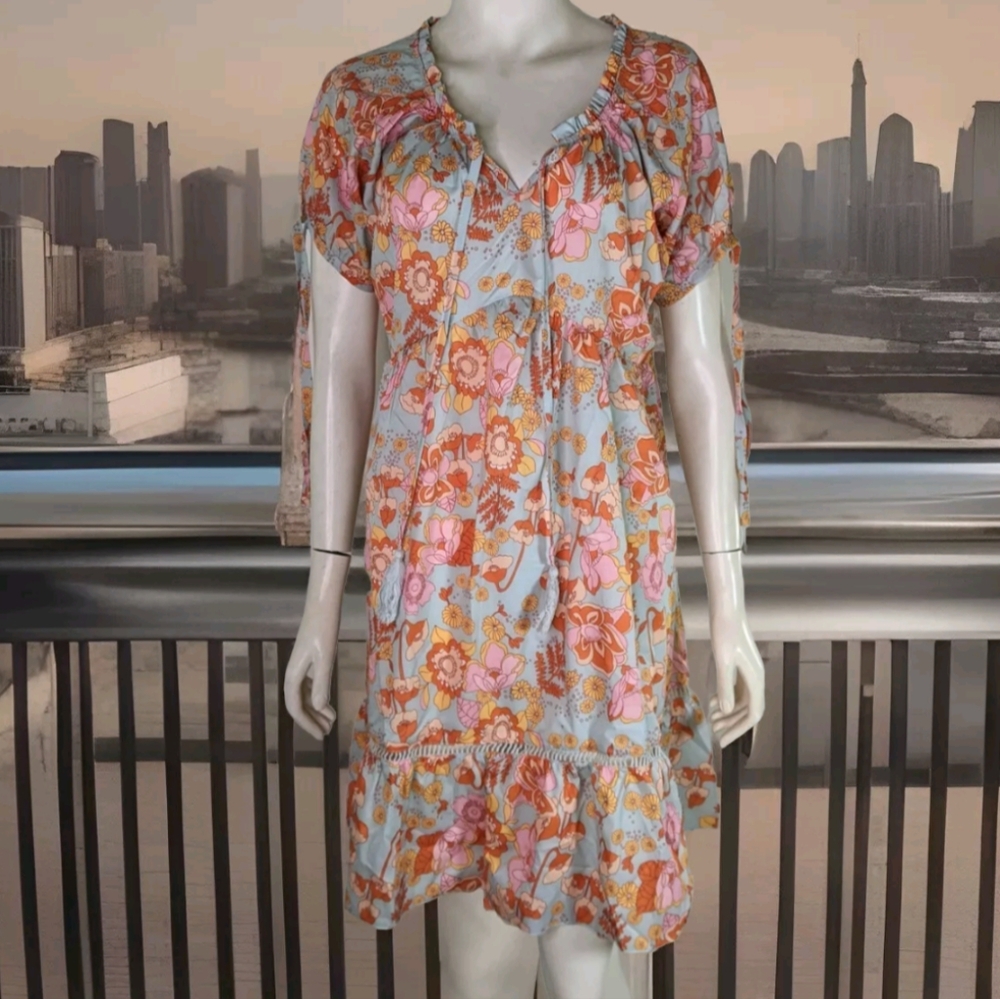 Pretty Blue Dress XL Floral Orange Pink Flowers Tassel Ties